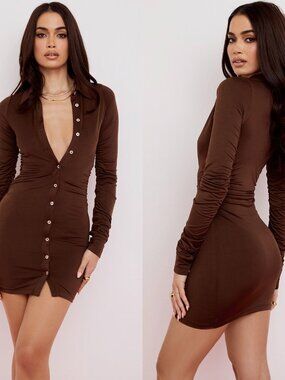 NWOT House Of CB Chocolate Brown Martinique Button Down Long Sleeve Mini Dress